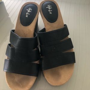 Pre owned-black wedge sandals, size 9